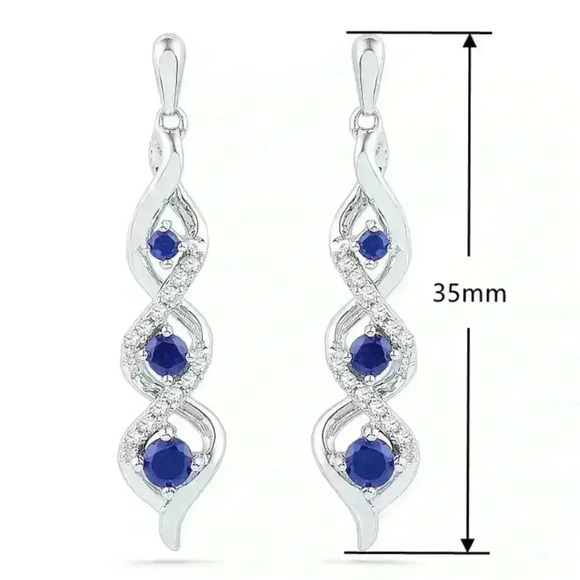 New Gorgeous Sterling Silver Blue White Sapphires Drop Earrings - Picture 3 of 3